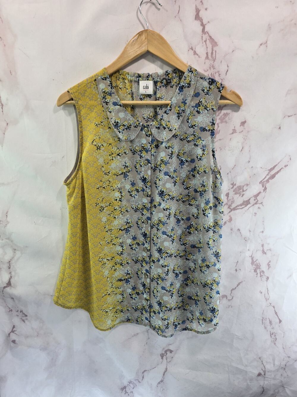 CAbi Tank Top Women Large Gray Floral Blouse Offsides Ruffle Peter Pan 5221